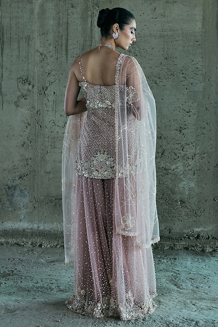 Rose Gold Net Embroidered Bridal Sharara Set by ISTYA at Pernia's Pop Up Shop