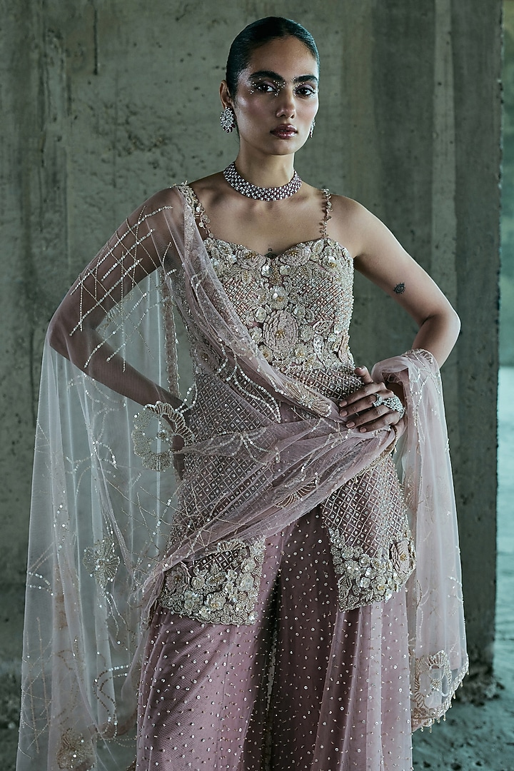 Rose Gold Net Embroidered Bridal Sharara Set by ISTYA at Pernia's Pop Up Shop