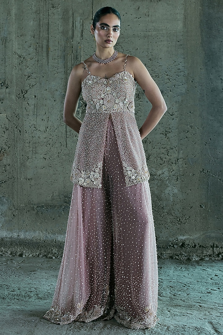 Rose Gold Net Embroidered Bridal Sharara Set by ISTYA at Pernia's Pop Up Shop