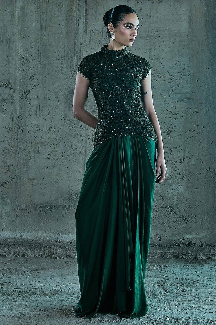 Emerald Green Satin Skirt Set by ISTYA at Pernia's Pop Up Shop