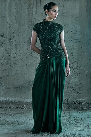 Emerald Green Satin Skirt Set by ISTYA