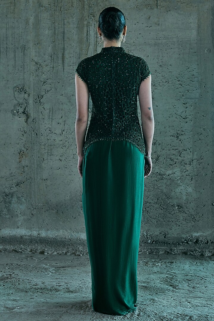 Emerald Green Satin Skirt Set by ISTYA at Pernia's Pop Up Shop