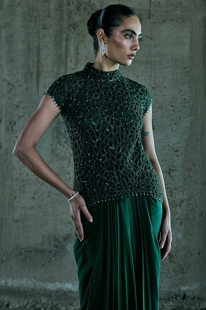 Emerald Green Satin Skirt Set by ISTYA at Pernia's Pop Up Shop