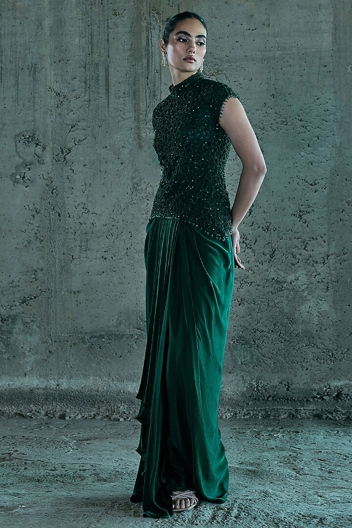 Emerald Green Satin Skirt Set by ISTYA at Pernia's Pop Up Shop