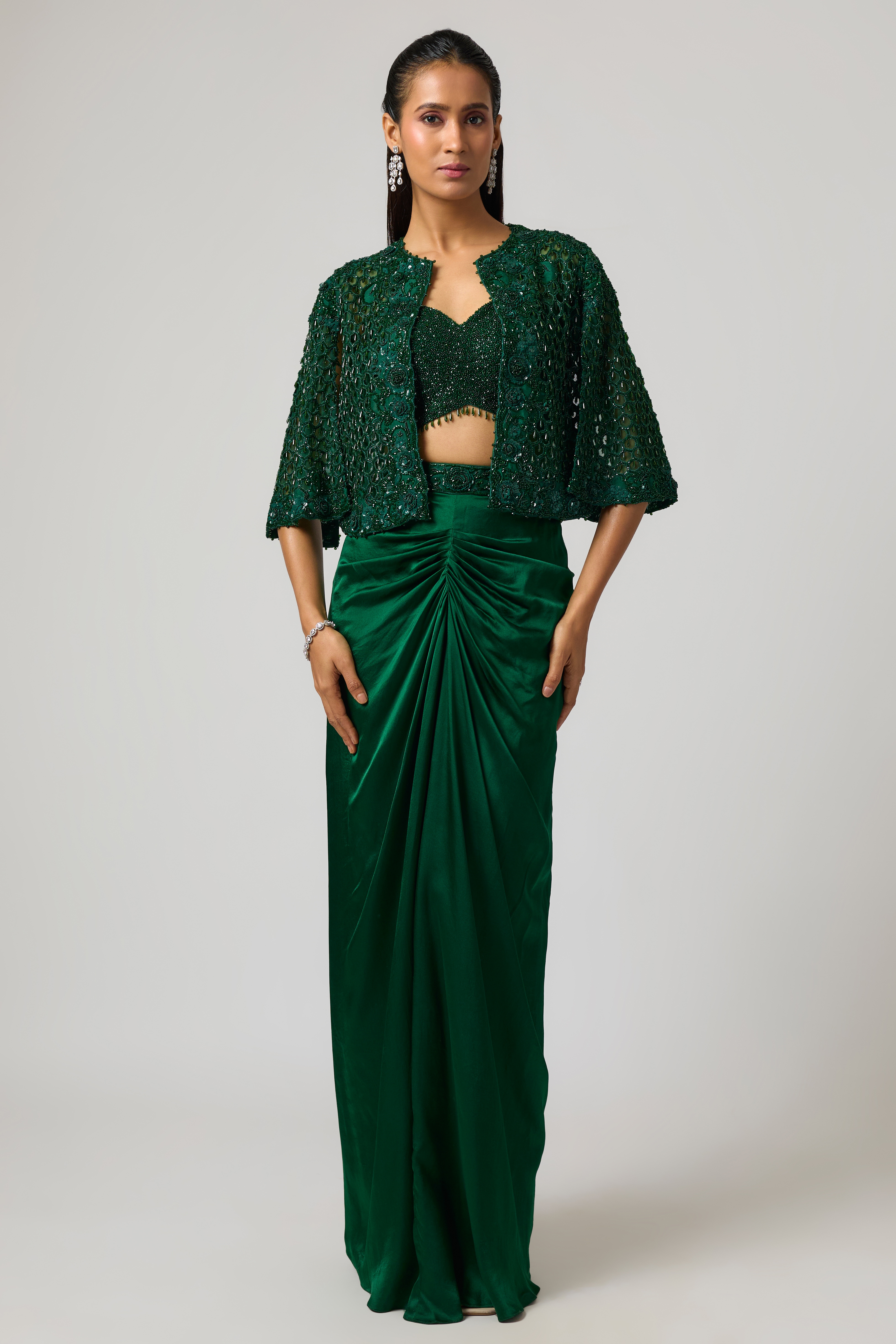 ISTYA Emerald Green Organza Cutwork Jacket Set