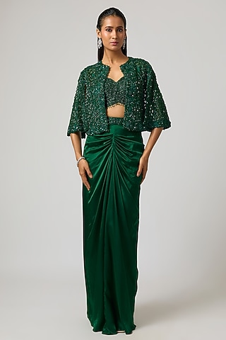 Emerald Green Organza Cutwork Jacket Set by ISTYA