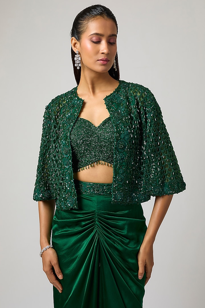 Emerald Green Organza Cutwork Jacket Set by ISTYA at Pernia's Pop Up Shop