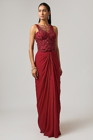 Red Georgette Fluid Skirt Set by ISTYA