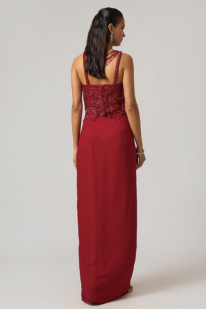 Red Georgette Fluid Skirt Set by ISTYA at Pernia's Pop Up Shop