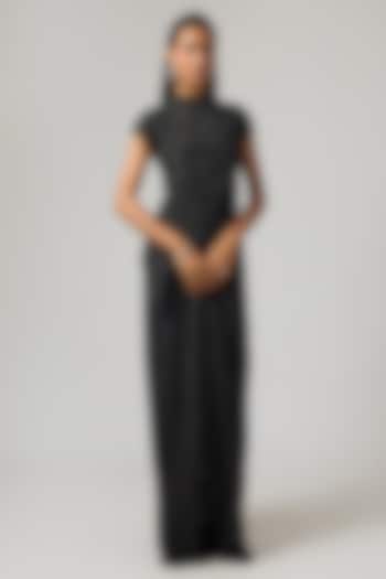Black Pure Satin Draped Skirt Set by ISTYA at Pernia's Pop Up Shop