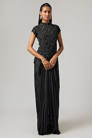 Black Pure Satin Draped Skirt Set by ISTYA