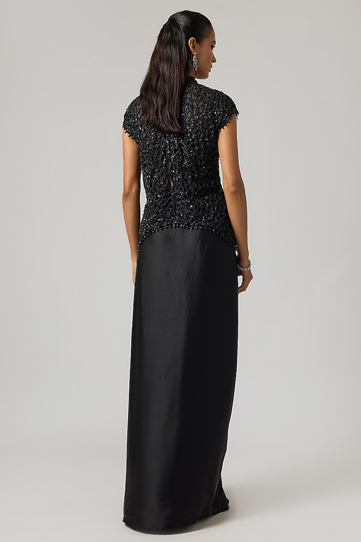 Black Pure Satin Draped Skirt Set by ISTYA at Pernia's Pop Up Shop