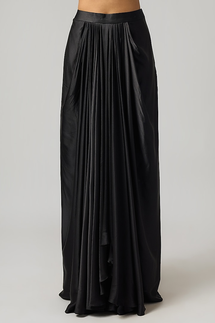 Black Pure Satin Draped Skirt Set by ISTYA at Pernia's Pop Up Shop