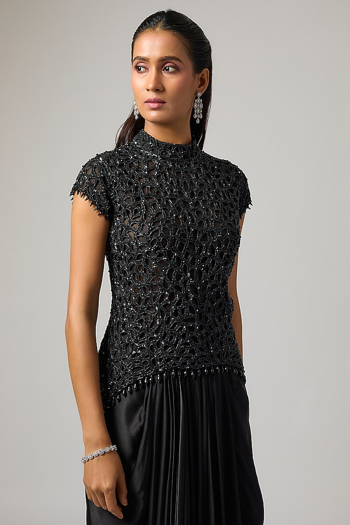 Black Pure Satin Draped Skirt Set by ISTYA at Pernia's Pop Up Shop
