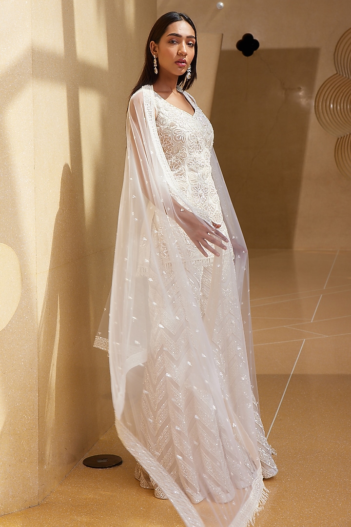 Ivory Net Thread & Sequin Embroidered Bridal Sharara Set by ISTYA at Pernia's Pop Up Shop
