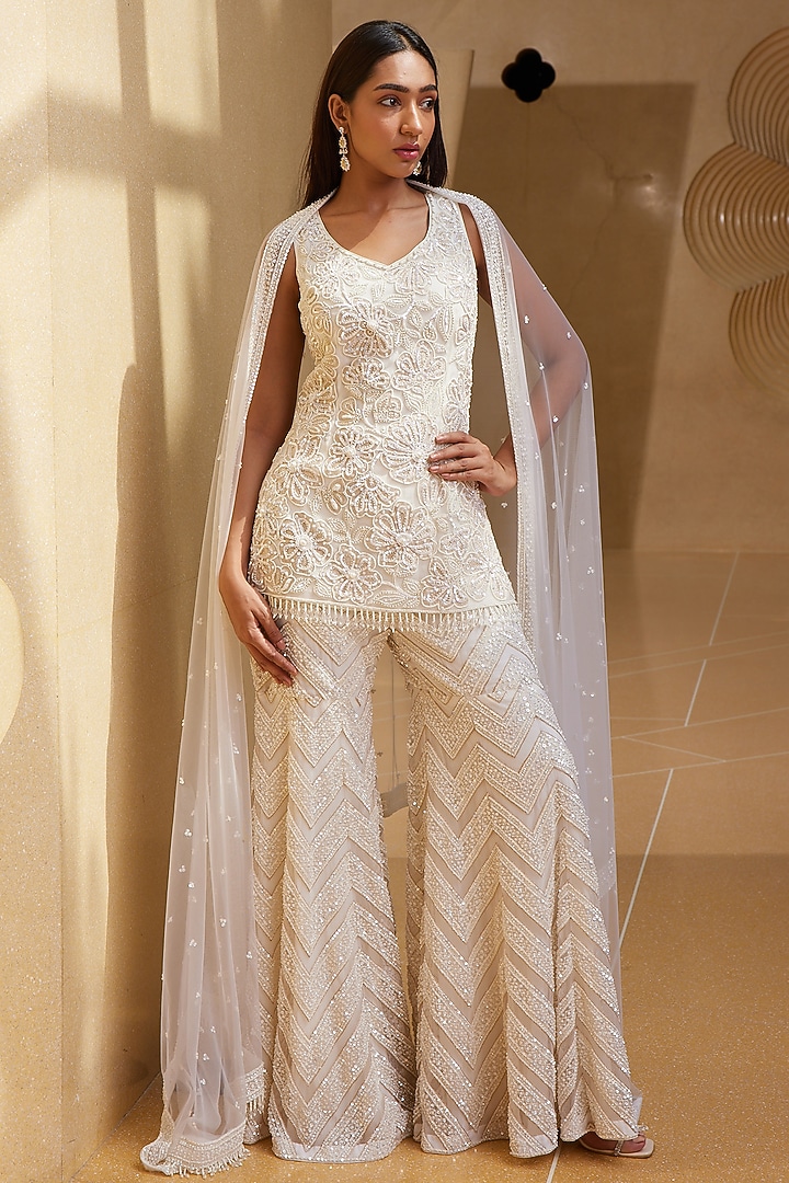 Ivory Net Thread & Sequin Embroidered Bridal Sharara Set by ISTYA at Pernia's Pop Up Shop