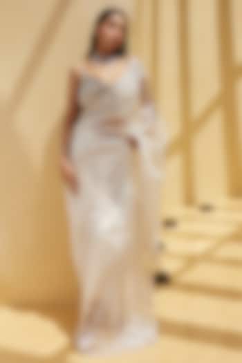 Ivory Organza Tissue Sequin Embroidered Wedding Saree Set by ISTYA at Pernia's Pop Up Shop