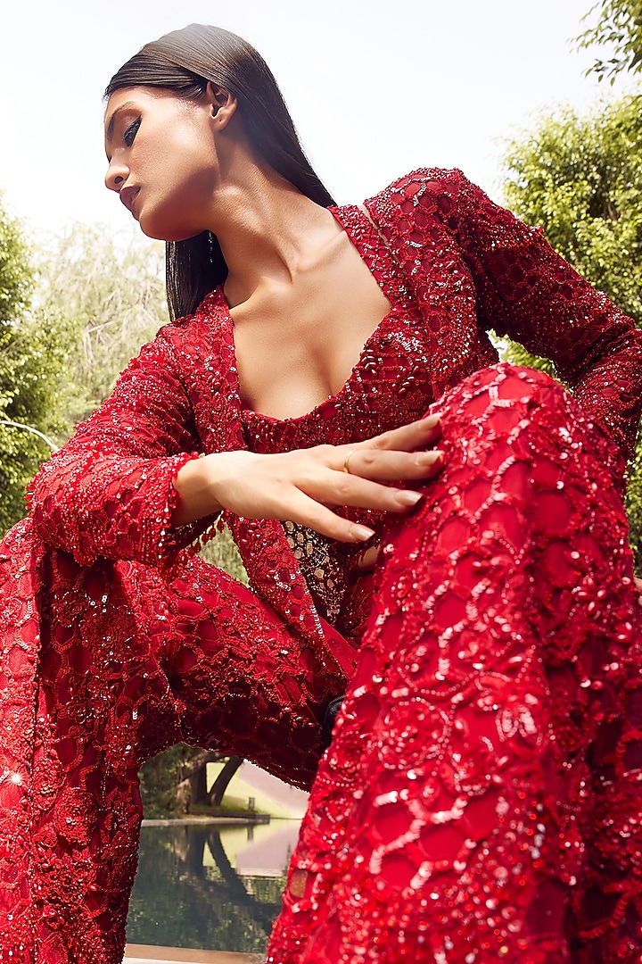 Red Net Floral & Thread Embroidered Pant Set by ISTYA at Pernia's Pop Up Shop