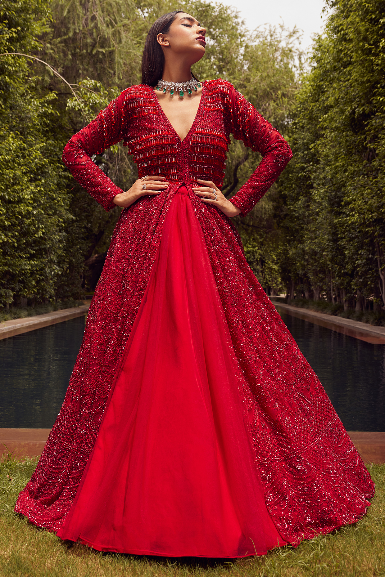 Red Net Crystal & Sequin Embroidered Long Trail Jacket Set by ISTYA at Pernia's Pop Up Shop