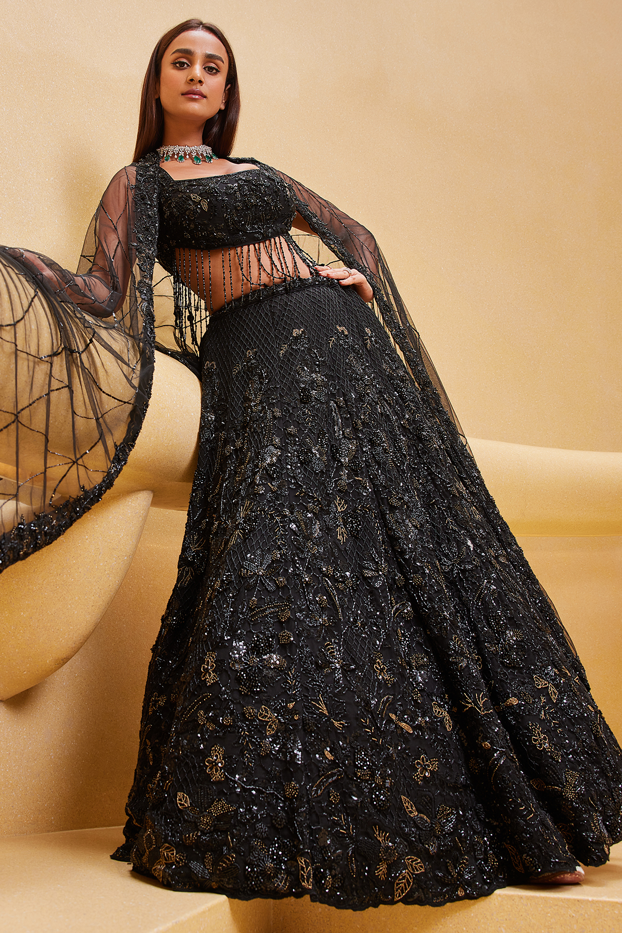 Black Net Sequin & Cutdana Hand Embellished Bridal Lehenga Set by ISTYA at Pernia's Pop Up Shop