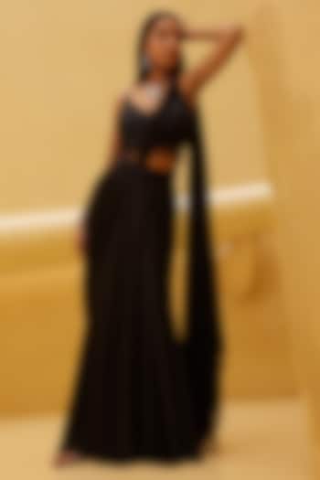 Black Satin Pre-Draped Wedding Saree Set by ISTYA at Pernia's Pop Up Shop