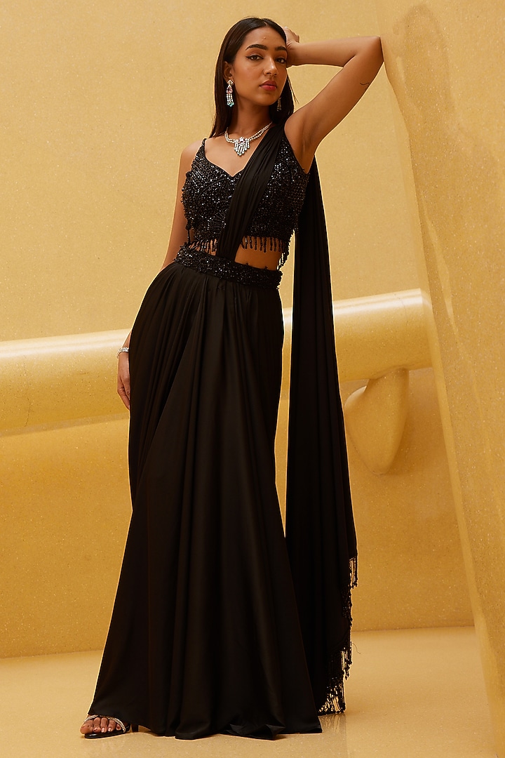 Black Satin Pre-Draped Wedding Saree Set by ISTYA at Pernia's Pop Up Shop