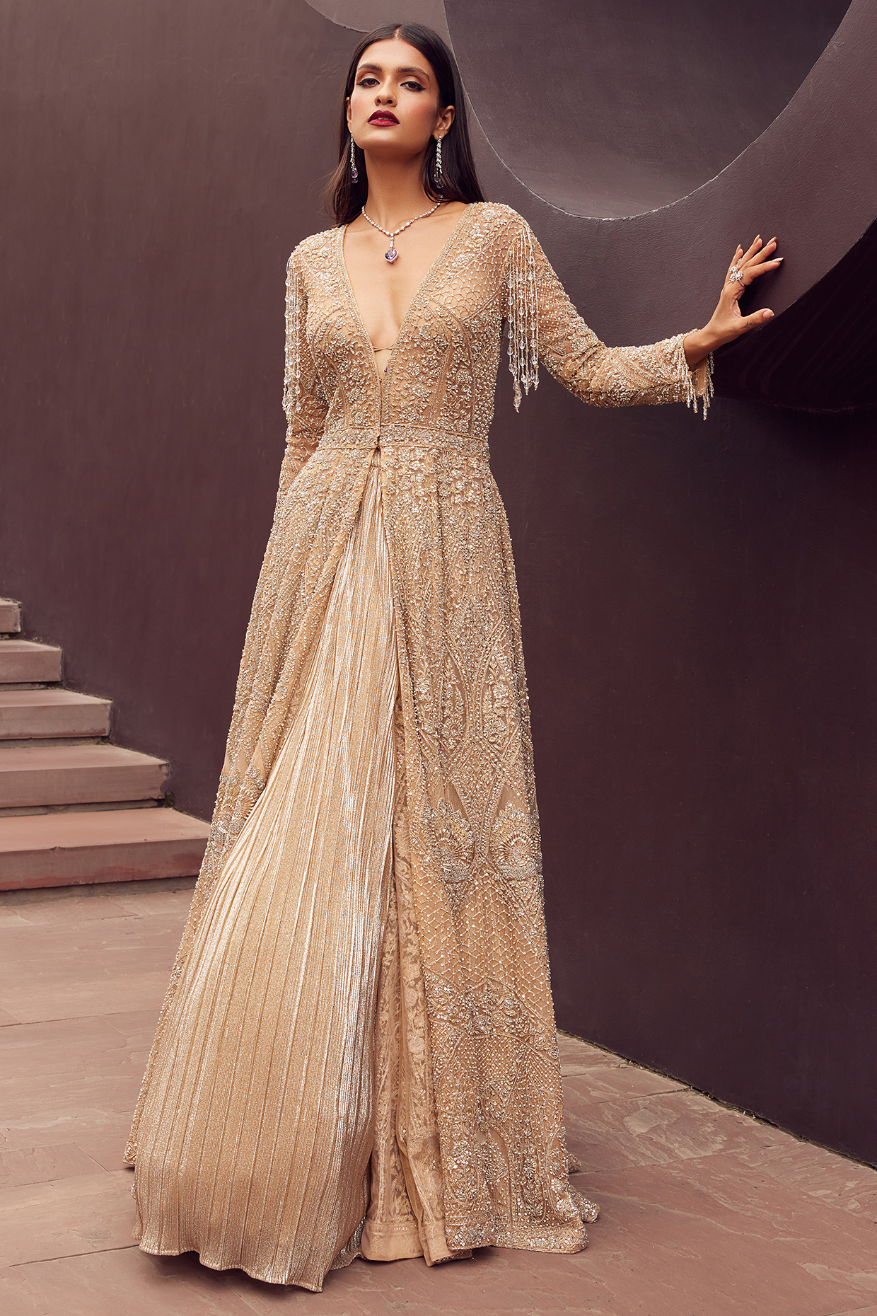 Gold Tulle Zari & Pearl Embroidered Long Jacket Set by ISTYA at Pernia's Pop Up Shop
