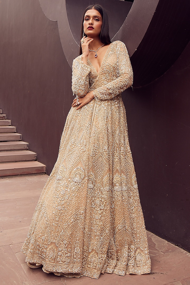 Gold Tulle Zari & Pearl Embroidered Long Jacket Set by ISTYA at Pernia's Pop Up Shop