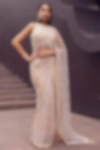 Beige Net Floral & Pearl Embellished Wedding Saree Set by ISTYA at Pernia's Pop Up Shop