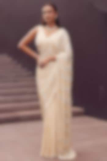 Beige Chinon Sequin Hand Embellished Ombre Wedding Saree Set by ISTYA at Pernia's Pop Up Shop