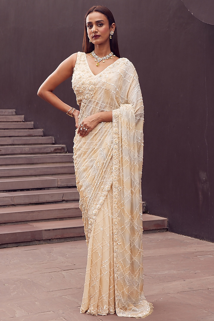 Beige Chinon Sequin Hand Embellished Ombre Wedding Saree Set by ISTYA at Pernia's Pop Up Shop