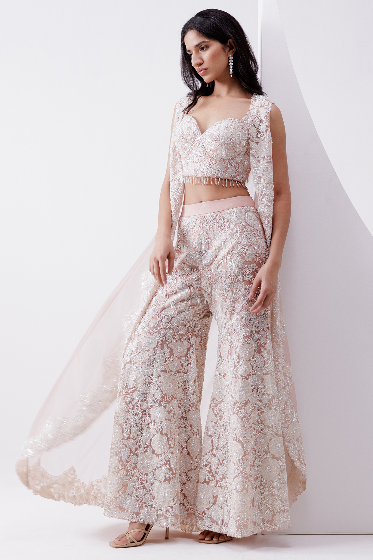 Pink Net Applique & Sequin Embellished Bridal Sharara Set by ISTYA at Pernia's Pop Up Shop