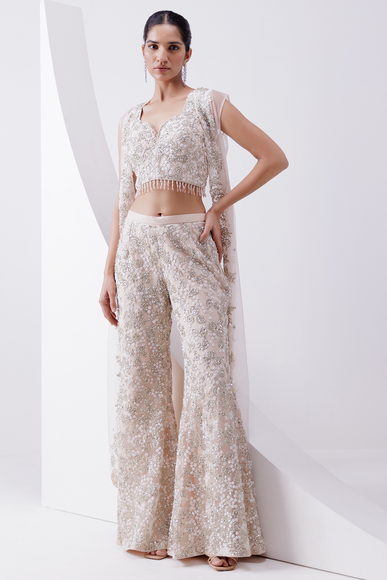 Peach Net Pearl & Sequin Embellished Pant Set by ISTYA at Pernia's Pop Up Shop