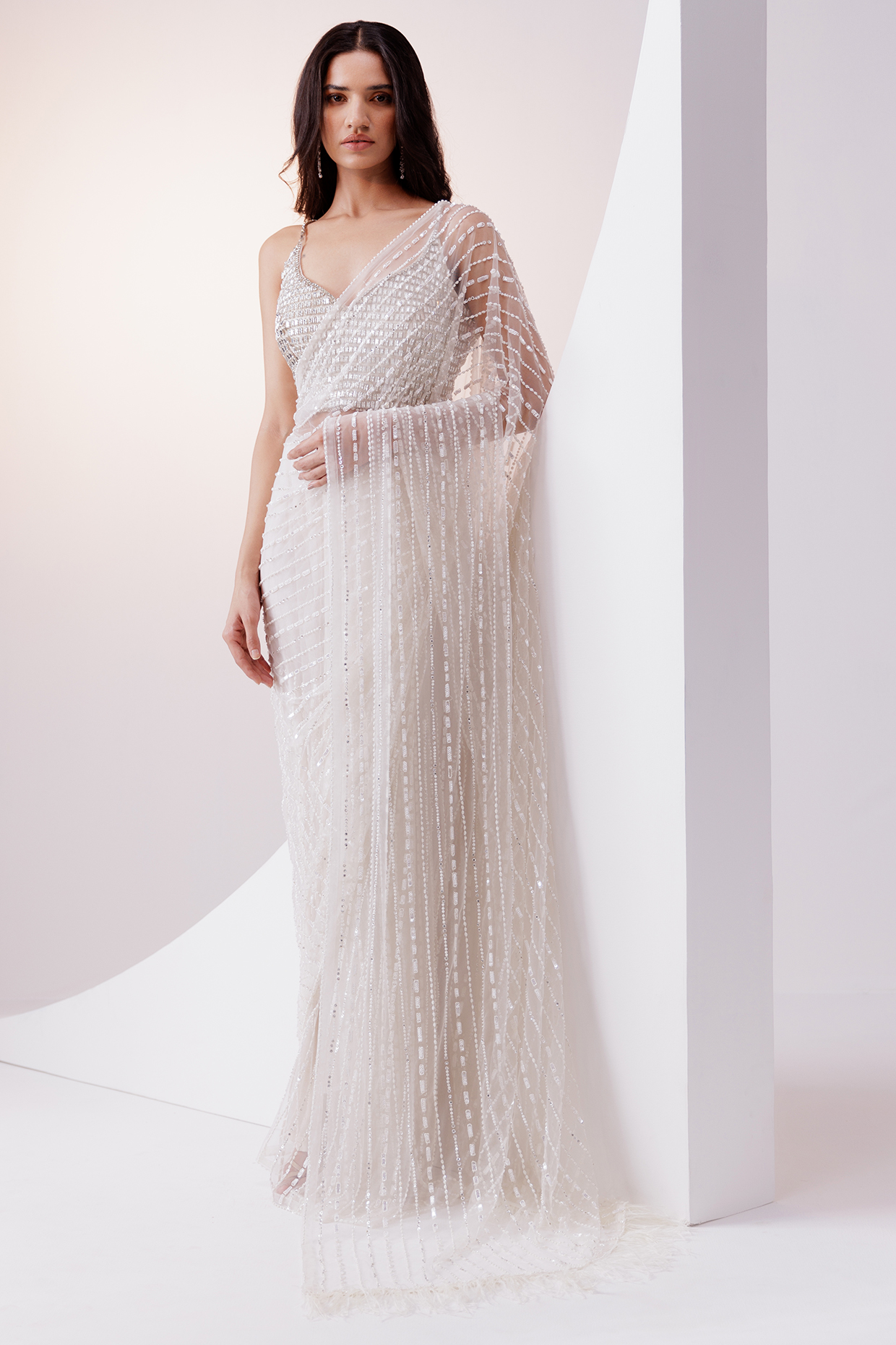 Ivory Net Sequin & Pearl Embellished Reception Saree Set by ISTYA at Pernia's Pop Up Shop