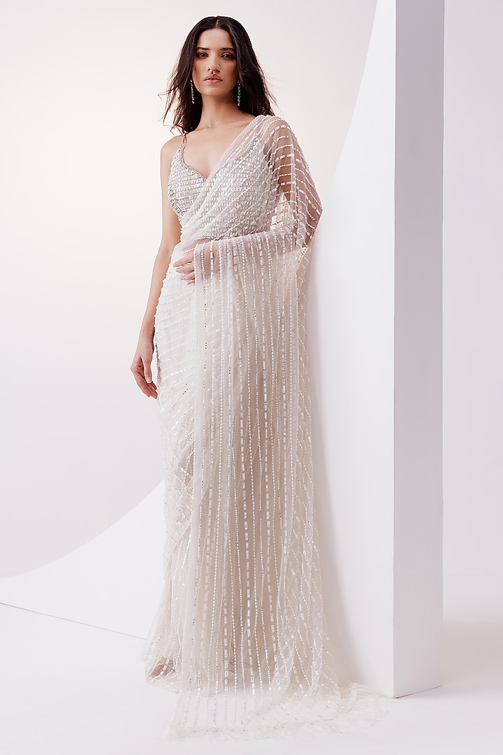 Ivory Net Sequin & Pearl Embellished Reception Saree Set by ISTYA at Pernia's Pop Up Shop