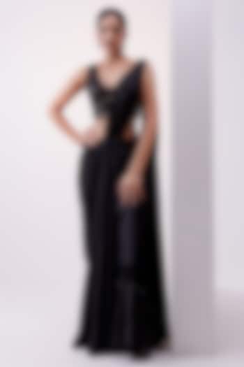 Black Satin Pre-Draped Wedding Saree Set by ISTYA at Pernia's Pop Up Shop