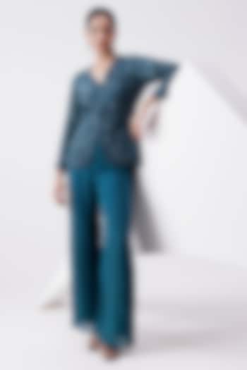 Teal Blue Chinon Sequin & Cutdana Embellished Jacket Set by ISTYA at Pernia's Pop Up Shop
