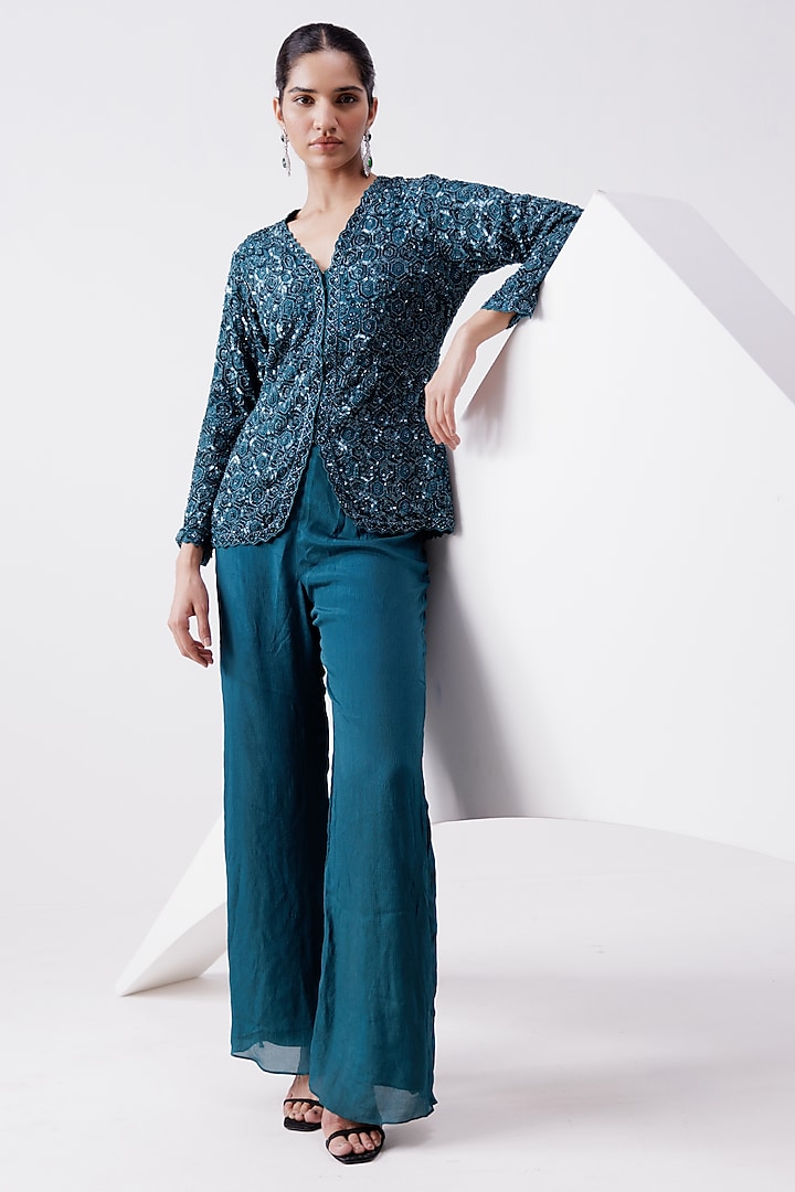 Teal Blue Chinon Sequin & Cutdana Embellished Jacket Set by ISTYA at Pernia's Pop Up Shop