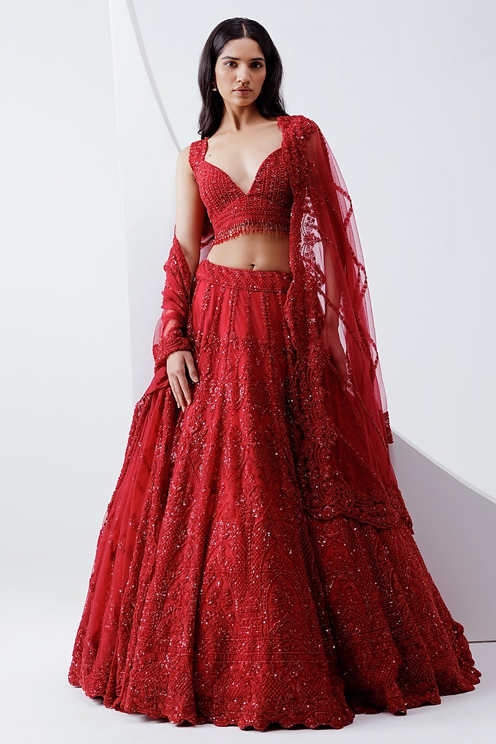 Red Net Bead & Cutdana Embroidered Bridal Lehenga Set by ISTYA at Pernia's Pop Up Shop