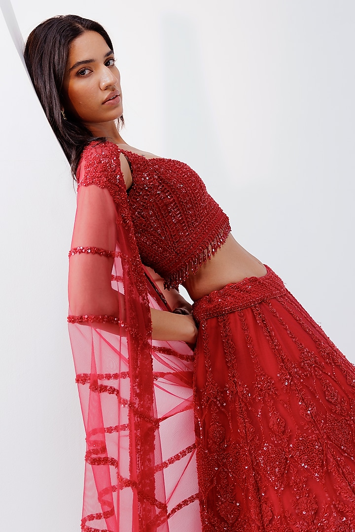 Red Net Bead & Cutdana Embroidered Bridal Lehenga Set by ISTYA at Pernia's Pop Up Shop