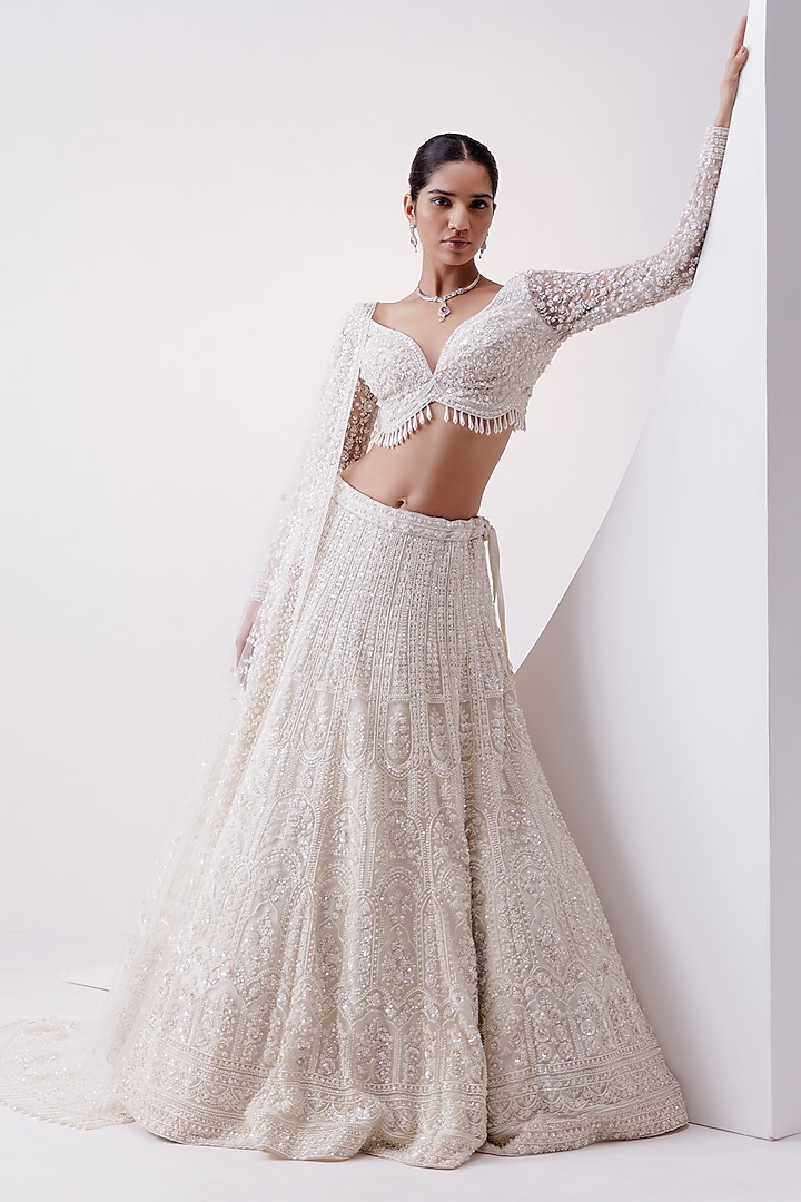 Ivory Net Pearl Embroidered Bridal lehenga for 22 Lehenga Set by ISTYA at Pernia's Pop Up Shop