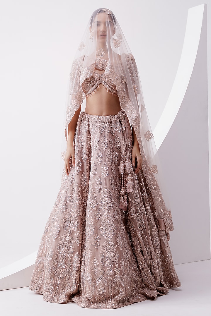 Peach Organza Tissue Sequin Work Wedding Lehenga Set by ISTYA at Pernia's Pop Up Shop
