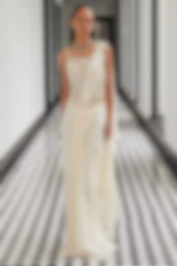 Ivory Chinon Draped Wedding Saree Set by ISTYA at Pernia's Pop Up Shop