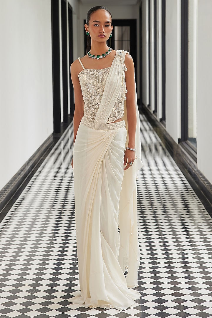 Ivory Chinon Draped Wedding Saree Set by ISTYA at Pernia's Pop Up Shop