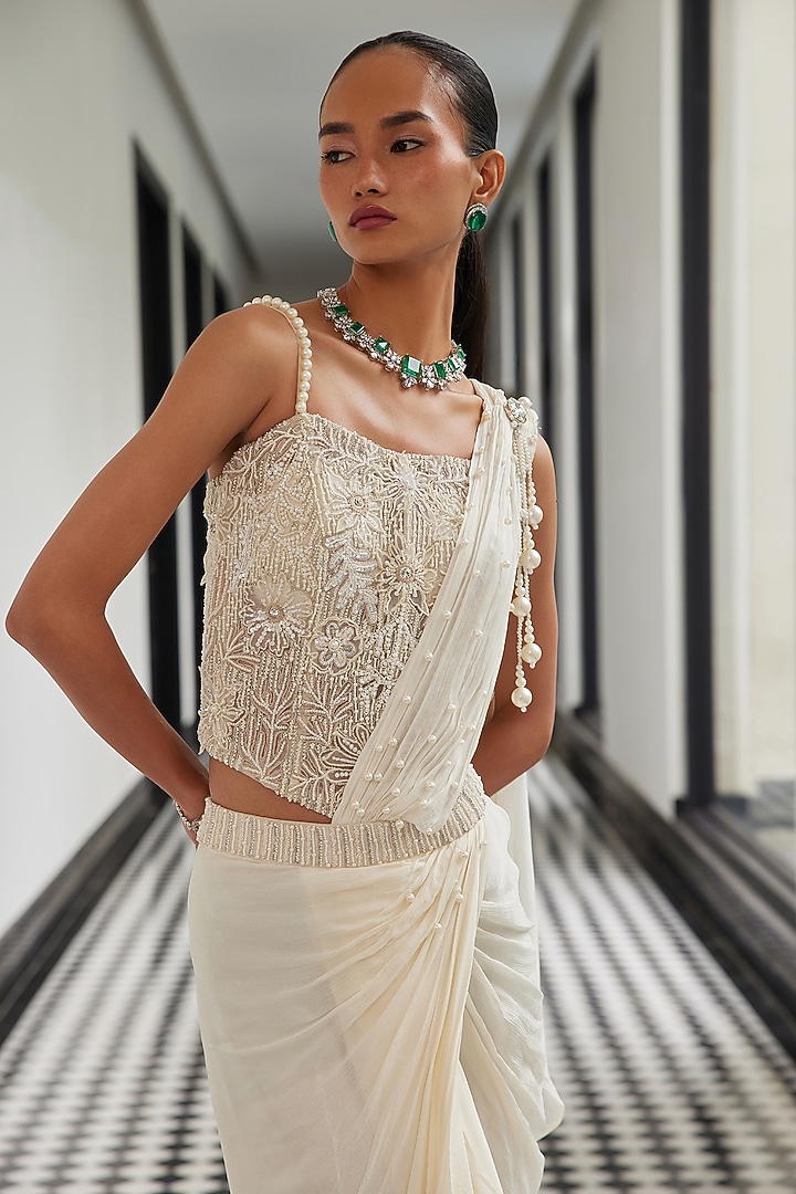 Ivory Chinon Draped Wedding Saree Set by ISTYA at Pernia's Pop Up Shop