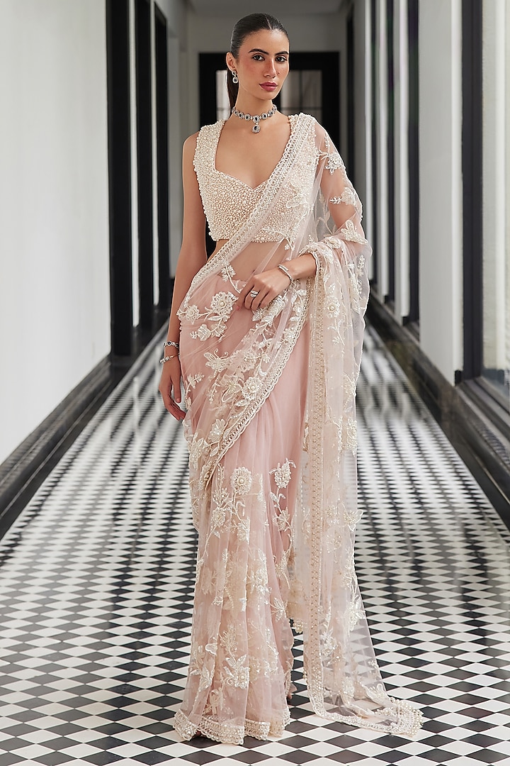 Pink Net Floral & Pearl Embroidered Reception Saree Set by ISTYA at Pernia's Pop Up Shop