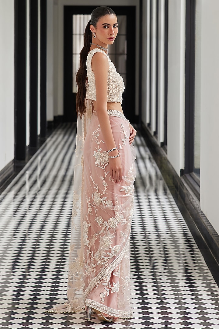 Pink Net Floral & Pearl Embroidered Reception Saree Set by ISTYA at Pernia's Pop Up Shop