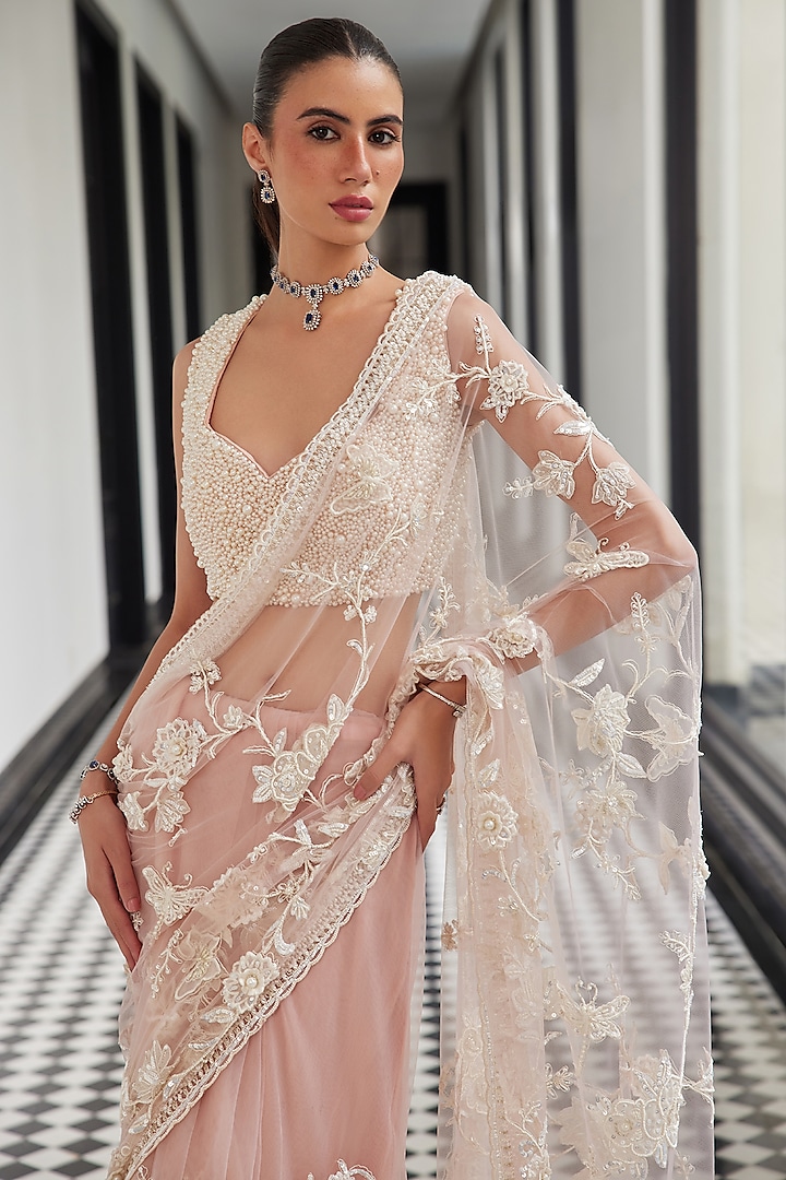 Pink Net Floral & Pearl Embroidered Reception Saree Set by ISTYA at Pernia's Pop Up Shop