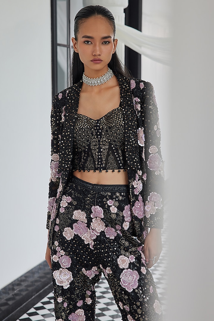 Black Net Hand Embellished Co-Ord Set by ISTYA at Pernia's Pop Up Shop