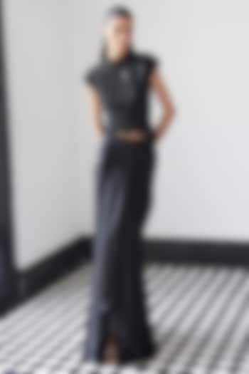 Black Satin Draped Skirt Set by ISTYA at Pernia's Pop Up Shop
